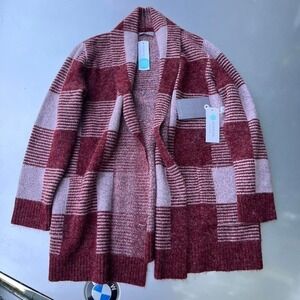 Burgundy and pink checkered cardigan with pockets